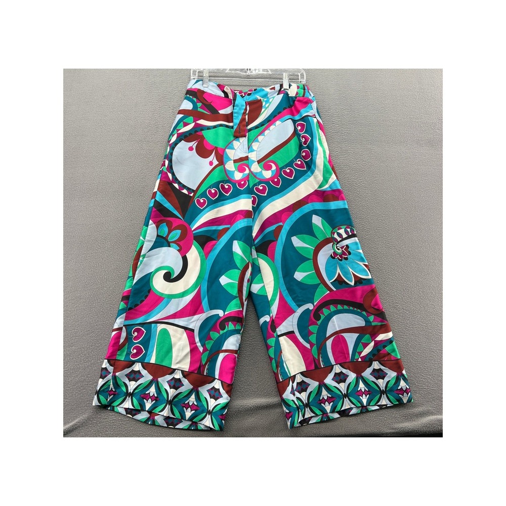 Zara Palazzo Pants Womens L Psychedelic Print Wide Leg Multi Color Cropped